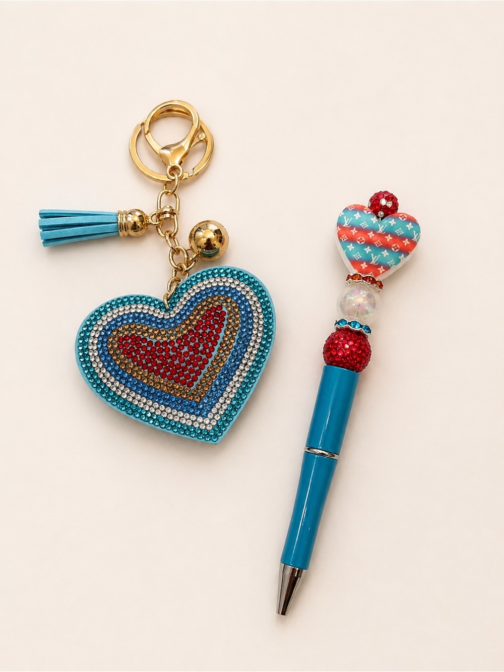 Handmade trendy fashion beaded pen with Rhinestone Heart Keychain